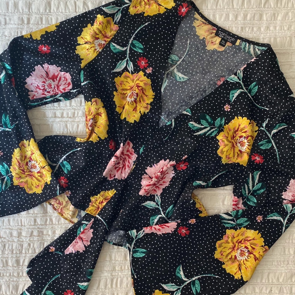 Black Floral Tie Front Blouse